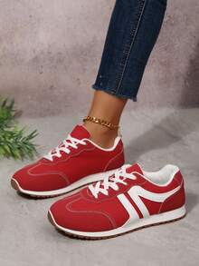 Women's Thick Sole Casual Shoes, Red, Fashion Lace-Up Sneakers, Non-Slip, Versatile, Spring/Autumn - Red - View 3