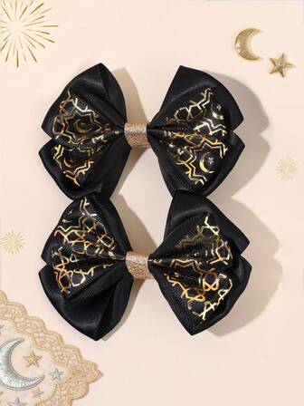 2pcs Gold Black Hair Bows For Girls Star/Moon/Line Printed Bow Alligator Clips Delicate Hair Clips Glossy Festival Barrettes Sparkly Hairpins Teens Hair Accessories