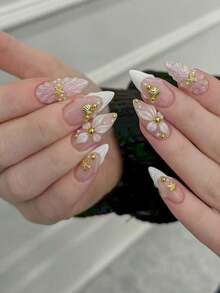 10pcs Handmade Press-On Nails, Acrylic Press-On Nails, Short Nails, False Nails, New Year Nails, Nail Art Set, French Manicure, Cute Nails, Y2K Nails, Almond Shaped Nails, White Nails, Pink Nails, Purple Nails, Gold Nails - White - View 2