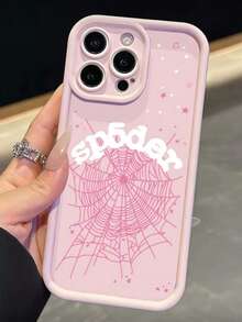 1pc New Creative Letter & Spider Web Pattern Phone Case Suitable For Apple 16 Pro Max, 11/12/13/14 Plus, XR/7/8 Plus/15 PM - Light Pink - View 2