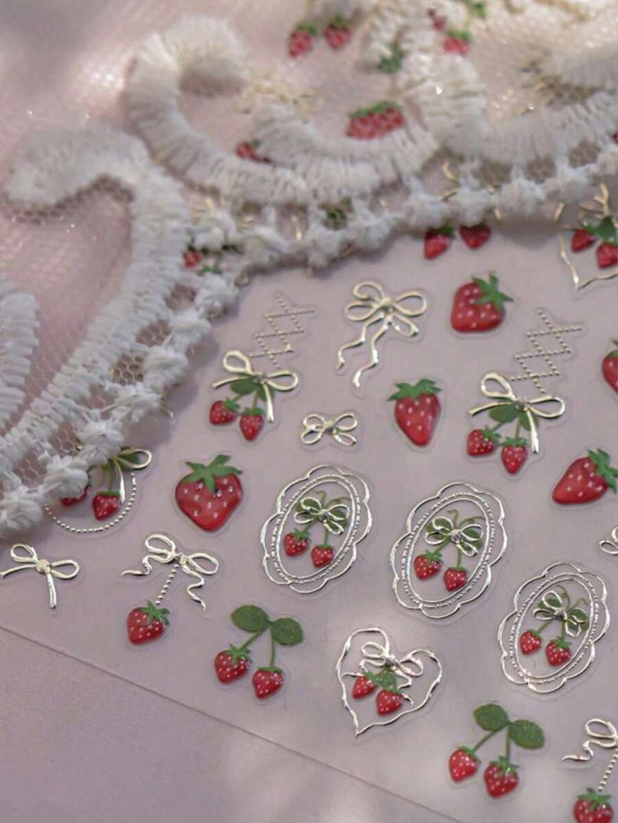 1片装5D立体草莓美甲贴纸 - 情人节甜美金属质感草莓蝴蝶结美甲贴纸 - 自粘烫印草莓蝴蝶结美甲贴纸，适合DIY女士美甲饰品及美甲用品