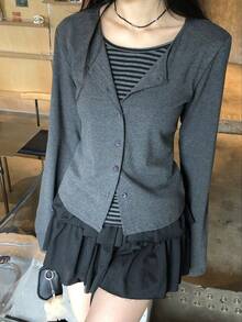 韩版撞色二合一圆领条纹拼布开衫，修身长袖上衣 - 灰色 - 查看 1