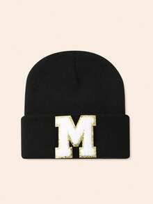 1pc Unisex Personalized Embroidered A-Z Letter Elastic Knit Beanie Hat, Fashionable Streetwear Knit Cap, Suitable For Autumn/Winter Daily Wear - Black - View 29