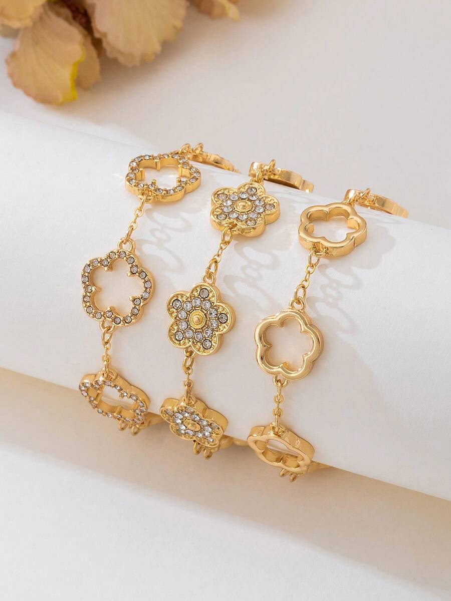 3pcs Luxury Gold Hollow Rhinestone Clover Charm Bracelets Set For Women - Yellow Gold - View 1