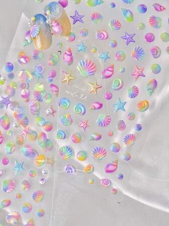 1pc Colorful Jelly Ocean Seashell Scallop Starfish Conch Underwater 5D Nail Art Stickers Self-Adhesive Press On Manicure For Women Summer Beach Nail Decor For Vacation Holiday Party