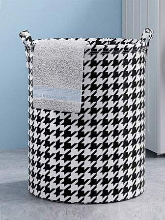 1 Grande cestino pieghevole in tessuto a quadri con manici, cesto portabiancheria non tessuto per vestiti, giocattoli, biancheria intima e accessori da bagno, design rotondo elegante per organizzazione di soggiorno e camera da letto, organizer per la lavanderia | Motivo a quadri | Cesto portabiancheria durevole, accessori per la lavanderia, cesti portabiancheria