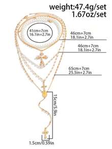 1 Set Punk Hip-Hop Style Micro-Inlaid Faux Pearl Cross Pendant Beaded Necklace Set, Fashionable & Elegant Micro-Inlaid Rhinestone Faux Pearl Cross Pendant Multi-Layer Necklace Set, Suitable For Women's Daily, Vacation, Party Wear - Gold - View 6