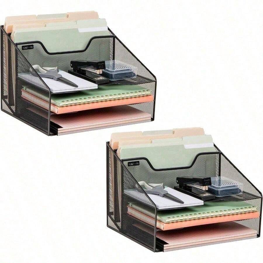 Mind Reader 2MESHBOX5-BLK Mesh Desk Organizer 5 Trays Desktop Document Letter Tray for Folders Mail Stationary Desk Accories 2 Pack Black - Negro - Ver 1