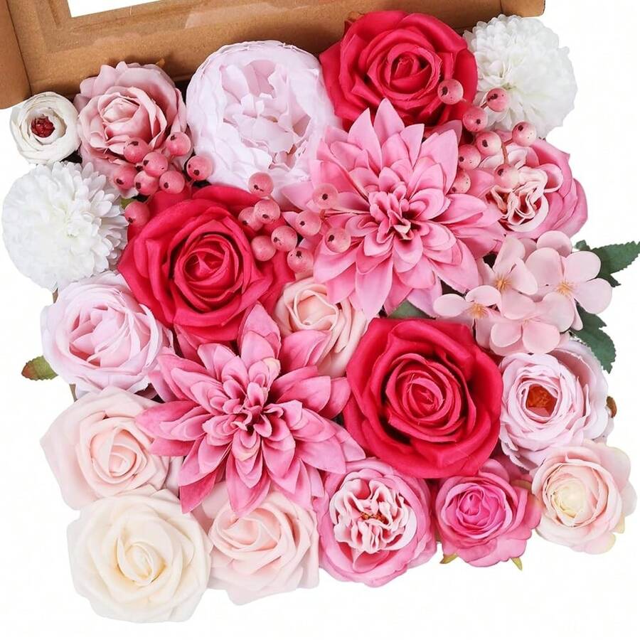 [Free Shipping]Artificial Flower Box Set – Faux Floral Bouquet For Party&Table Centerpieces, Realistic Pink Flowers Artificial For Home & Wedding Decoration,Bulk Fake Flowers With Stems - 亮粉紅色 - 查看 1
