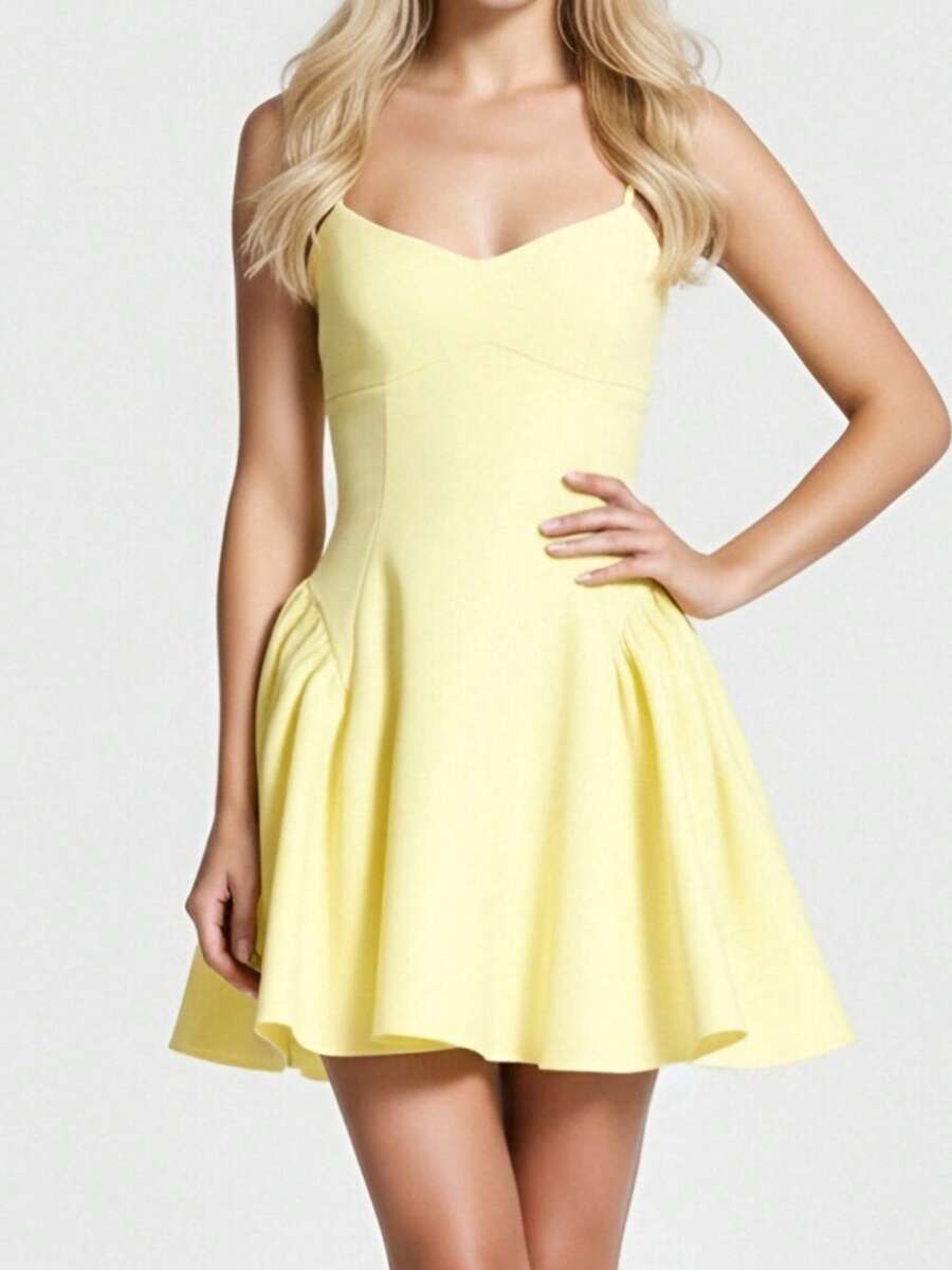 Women's Mini Cami Dress Elegant Solid Color Sleeveless Spaghetti Strap Beach Dress For Party Date Night Wear - 黃色 - 查看 1