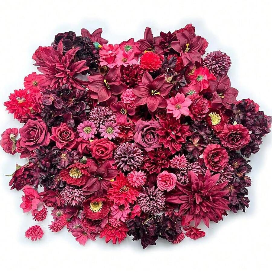 [Free Shipping]Artificial Burgundy Red Flowers Bulk Silk Rose Fake Flowers Heads For Crafts - DIY Home Party Garden Floral Garland Valentines Decoration Mini Big Small Faux Fabric Flowers Heads 3-12cm (Burgundy Red) - 勃根地紅 - 查看 1