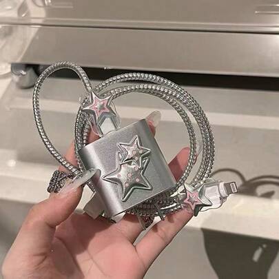 5个/套 粉色波点和银色星星图案数据线保护套，兼容，适用于18-20W充电器，防断裂防刮擦