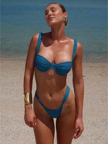 Women 2 Piece Bikini Set Bathing Suit Swimsuits Solid Color Ruched Bra And Elastic Thong Sets Summer Holiday Beachwear Party Clubwear - Màu xanh ngọc - Xem 1
