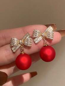 1 对奢华优雅水钻蝴蝶结耳环，适合女性作为情人节、新年礼物，适合派对和宴会（无礼盒）、妈妈、母亲、母亲节、礼物 - 紅色 - 查看 3