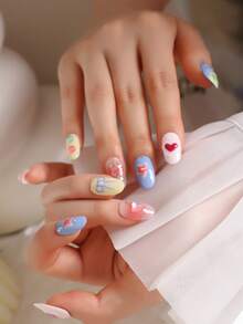 10pcs Press On Nails Nails Press On Nail Supplies Pink Blue Love Red Bow Star Short Nails Fake Nails Artificial Nails Kit Includes 1sheet Adhesive Tabs &1 Pc Mini File - Multicolor - View 5