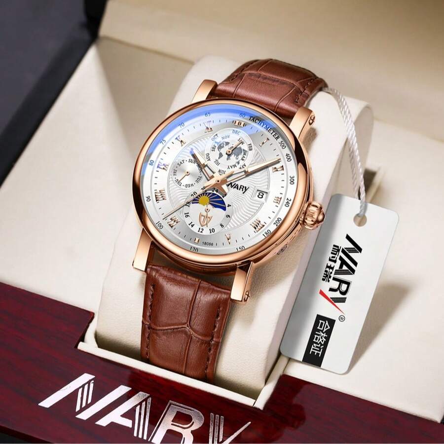 NARY 1pc Men's Automatic Mechanical Watch, Luxury Waterproof Wristwatch With Calendar, Moon Phase, Leather Strap, Suitable For Business Meetings And Daily Life
