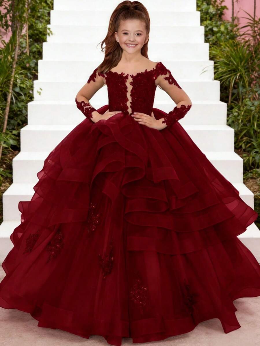 1pc Princess Long Sleeve Flower Girl Dresses Appliques Ruffles Tulle Pageant Dresses For Girls Kids Party Ball Gowns,First Communion Dress,Tween Girls Princess Dress,Birthday,Wedding Or Photoshoot Outfit,Dance Performance Dress,Piano Performance Dress,Perfect For Shows,Birthday Parties,Vacations,Pageant,Prom Dress - 酒紅色 - 查看 1