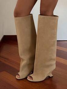Women's Peep Toe Slouchy Knee High Boots Fashion Wedges High Heels Pull On Party Dress Fall Winter Suede Long Boots Woman - 杏色絨面革 - 查看 1