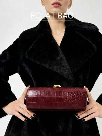1 st lång baguetteväska, krokodilpräglad PU-kuvertväska, elegant angoraröd, lämplig för kvinnors dagliga pendling, shopping, dejting, formella evenemang och bröllop. 1 st vinröd formell kuvertväska med guldknappsdekor, perfekt alla hjärtans dag-present till henne.