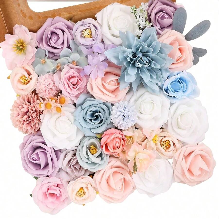 [Free Shipping]Artificial Flowers Combo Box Dusty Blue Pink Artificial Flowers For DIY Tables Centerpieces Ba By Shower Bridal Shower Wedding Bouquet Party Decor - 粉紅藍色 - 查看 1