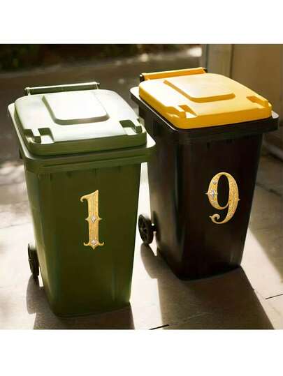 2张/套 耐用PVC 2D扁平金色数字贴纸，自粘数字墙贴，专为大型反光垃圾桶标签设计，商业可见度反光垃圾桶标签，表面光滑，边缘预切，适合户外装饰，适用于带轮垃圾桶