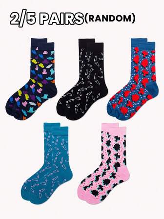 2/5 pares de calcetines unisex, colores aleatorios surtidos, patrones de dibujos animados, clips, rompecabezas, gotas de lluvia, moda casual cómoda y transpirable hasta el tobillo, adecuados para todas las estaciones