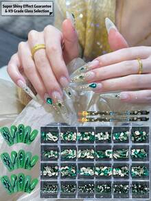 KIRAME 24-Grid DIY Manicure K9 Glass Deep Green Flat Bottom Rhinestone Set - 20pcs High Gloss Rhinestones Per Style, Includes 2 Dotting Tools, Nail Gems, Suitable For Nail Salons, Home Manicure, Nail Art Supplies, Christmas, New Year, Valentine's Day Nails, Holiday Gifts, Also For Crafts, Clothing, Textiles, Shoes, Glassware, Jewelry Making - Multi-Size Shiny Decorations - 綠色 - 查看 5
