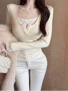 Áo thun dài tay phối ren gợi cảm, áo mặc trong cho nữ, mùa xuân - Màu be - Xem 3