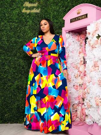 Vestido Longo Feminino Plus-Size Primavera/Outono, Moda e Vibrante Estampa Geométrica Colorida, Decote em V, Manga Longa, Comprimento Tornozelo - Tecido Elástico e Respirável, Cintura Elástica Ajustada e Caimento Solto, Casual, Elegante Vestido Longo para Viagens Diárias, Encontros de Lazer e Feriados.