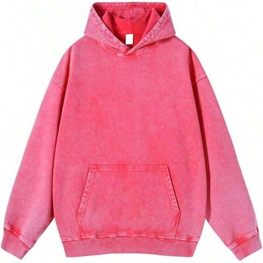 [Free Shipping]Mens Hoodies Oversized Unisex Acid Wash Hoodie Heavyweight Fleece Vintage Cotton Sweatshirt Men Women - 熱粉紅 - 查看 1