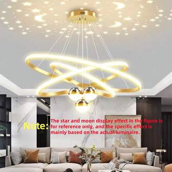 Moderno gran candelabro LED de tres aros, de estilo lujoso y de moda (según el color estructural del techo, la altura de la bola colgante puede reflejar un pequeño efecto de cielo estrellado) Adecuado para la decoración de iluminación interior en salas de estar, restaurantes, dormitorios, villas, etc.