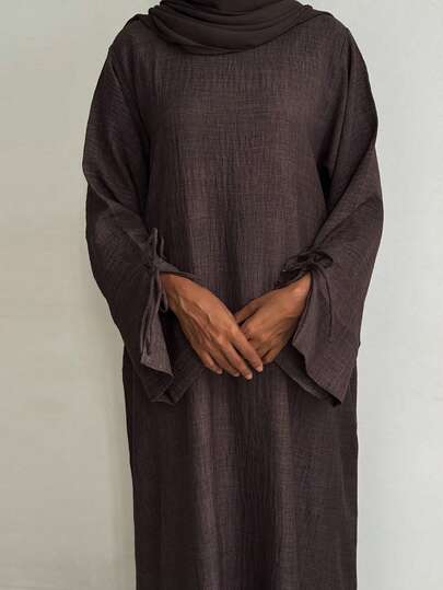 Ramadan Dubai Turkish Solid Color Casual Long Sleeve Robe With Slit Cuffs And Tie Waist, Loose Fit Abaya For Women Spring