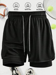 1 pieza - Nuevos pantalones cortos de entrenamiento para hombres, primavera-verano, pantalones cortos de gimnasio y carrera de 3/4 de longitud con forro, pantalones deportivos de secado rápido con ajuste de novio - Negro - Ver 4