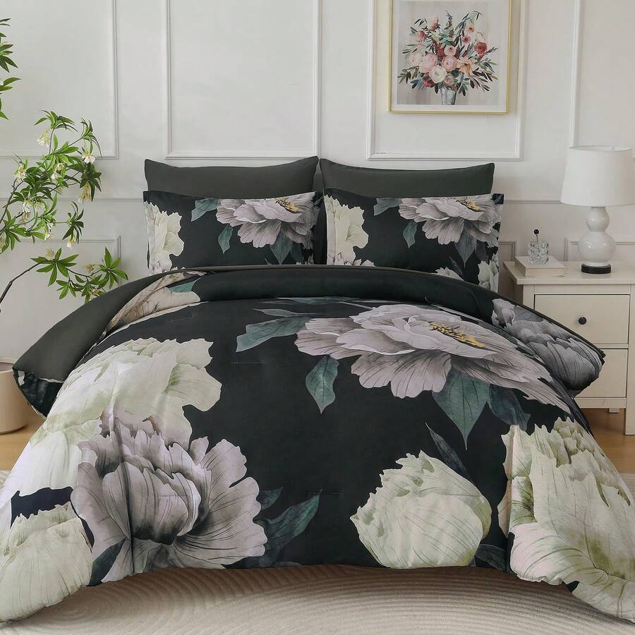 7 Piece Black Beige Floral Comforter Set Full/Queen/King Size Bed In A Bag,Flowers Printed On Light Comforter Set With Sheets, Soft Microfiber Botanical Bedding Set For Wedding Items,Home Bed Room Decor,Easter Gifts,Mothers Day Gift,All Season - Đen Be-1551 - Xem 1