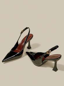 Women's Black Patent Leather Stiletto High Heel Pointed Toe Pumps, Elegant Formal Fashion Buckle Party Dress Shoes, Office Buckle Ankle Strap Heels