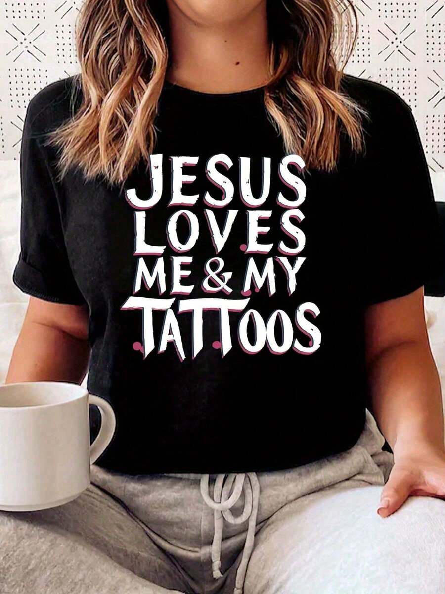 Jesus Love Me Printed Women-Shirt Women Casual Fashionable Comfortable Soft Athletic Fitness Daily Outdoor Breathable Crewneck Short Sleeved-Shirt - 黑色 - 查看 1
