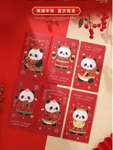 一套6个新年红包，农历新年压岁钱红包，卡通春节红包，个性化创意中国新年红包，印有“愿你心想事成”字样，吉祥节日装饰节日用品红包，熊猫图案。