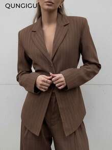 QUNGIGU Women's Lightweight Linen-Like Blazer Jacket, Waist Cinched Design, Button-Up Shirt Style Cardigan, Striped Tie V-Neck Casual Business Office Summer Thin Outerwear - Coffee Brown - View 2