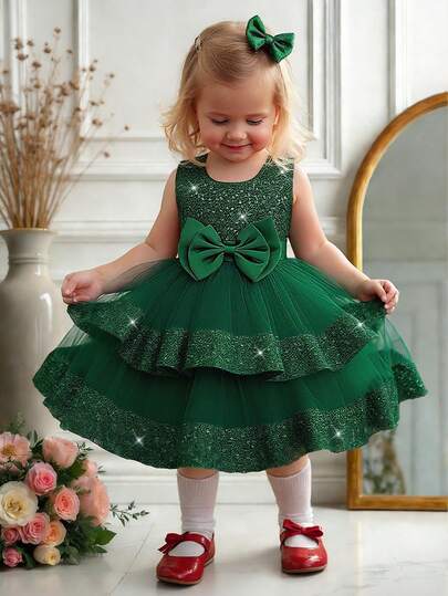 Baby Girls Solid Color Sequin Mesh Bow Tulle Cake Dress Sleeveless Cute Flower Girl Party Dress, Excluding Headband