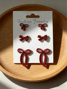 6pcs/Set Classic French Elegant Colorful Bow Stud Earrings Set, Suitable For Holidays Gift And Daily Wear For Women - Red - View 2