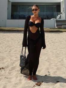 Women Crochet Knitted Long Sleeve Maxi Dress Sheer See Through Backless Swimsuit Bikini Cover Up Beach Swimwear Party Dress - màu đen - Xem 2
