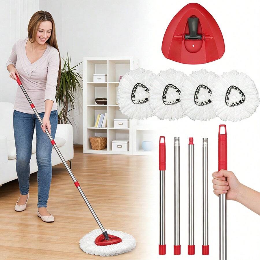 1 Set Mop Accessories, O-Cedar Spin Mop Replacement Head Set With Base And 30" To 58" Handle, Combo Set Includes 4 Pack Mop Refills - 紅色 - 查看 1