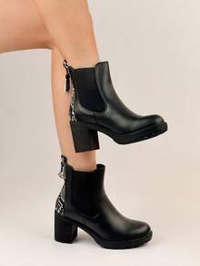 Snake Skin Patchwork High Heel Chelsea Ankle Boots For Women, Slim Silhouette, Suitable For Autumn And Winter - Black - View 3