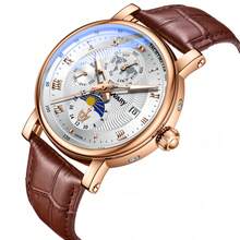 NARY 1pc Men's Automatic Mechanical Watch, Luxury Waterproof Wristwatch With Calendar, Moon Phase, Leather Strap, Suitable For Business Meetings And Daily Life