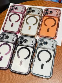 Luxury Glitter Rhinestone Lens Wave Edge Magnetic Phone Case Compatible With IPhone 17 Pro Max 17 Pro 17 16 Pro Max 16 Pro 16 15 Pro Max 15 Pro 15 14 Pro Max 14 Pro 14 13 Pro Max Stylish Electroplating Clear Camera Protection Shockproof Protect Back Cover