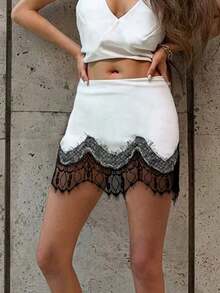 Women Lace Trim Silk Mini Skirt Y2k Lacy Satin A Line Half Silp Short Skirt Cute High Waist Underskirt - trắng - Xem 3