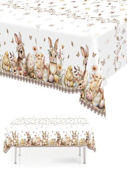 1 szt. Obrus z motywem wielkanocnym, ozdobiony zajączkiem kawowym i kwiatowymi wzorami, 220*130 cm, jednorazowy, plastikowy, prostokątny obrus, odpowiedni na uroczystości wielkanocne, pikniki, do kuchni domowych, na imprezy gastronomiczne, festiwale wiosenne, spotkania rodzinne
