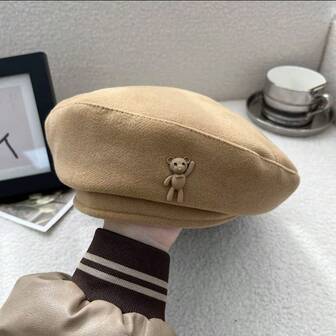 1pc Women's Retro Bear Beret Hat, Wool Painter Cap, Fashionable And Warm For Autumn/Winter, Suitable For Daily Use (Inner Lining In Black)