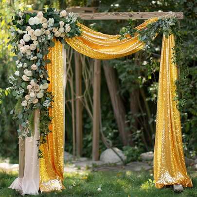 1pc 15.75*236.22 Inch Gold Sequin Arch Backdrop, Hanging Decor For Wedding, Ceremony Reception, Floral Decoration, Suitable For Party Background, Outdoor, Wedding, Party, Church Ceremony, Backdrop Decor