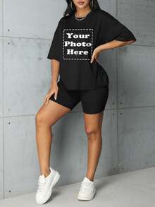 Customized Personalized Sports Gift, Including Plus Size Women's T-Shirt. Add Your Own Photos (Selfie/Landscape/Family/Friends/Couple/Patterns/Pets, Etc.) To Design Your Unique Personalized Printed T-Shirt, The Perfect Gift For Girlfriend, Partner Or Loved One. Black Summer - Black - View 5